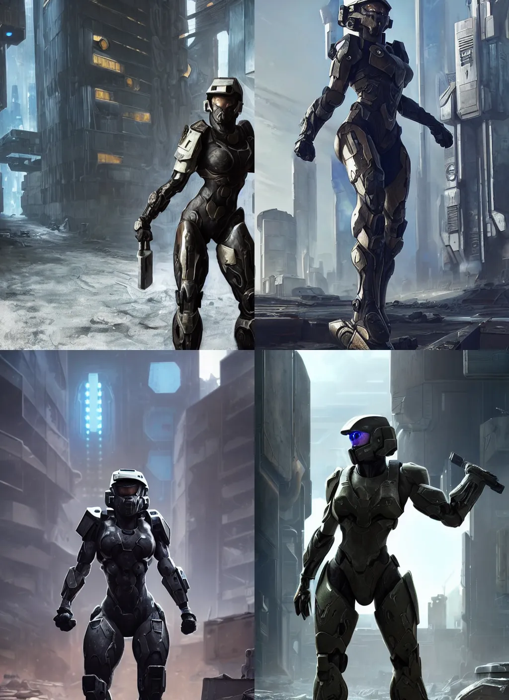 Prompt: a female body builder walking in a cyberpunk wasteland facing the camera, mjolnir armor from halo infinite, no helmet!!!!, ultra realistic, very highly detailed, 8K, bioware anthem video game javelin armor, octane render, Digital painting, concept art, illustration, sharp focus, centered, good value control, realistic shading, rational painting, rubber suit