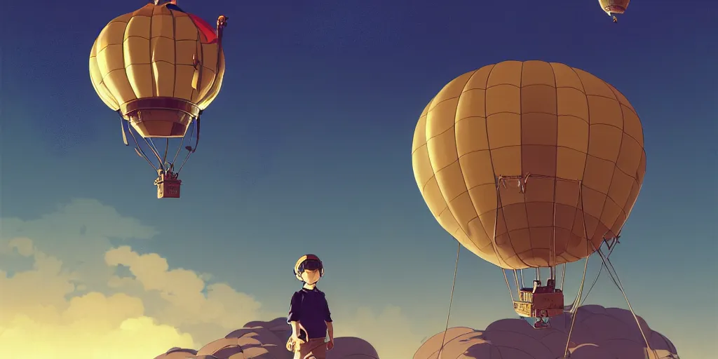 Image similar to 3 d portrait of a boy with an aviator helmet and goggles standing at the helm of a multidimensional steampunk hot air balloon by ilya kuvshinov, cloudy sky background lush landscape ln illustration concept art anime key visual trending pixiv by victo ngai fanbox by greg rutkowski makoto shinkai takashi takeuchi studio ghibli