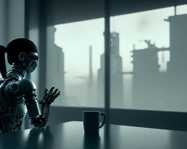 Image similar to portrait of an armored female with biomechanical cybernetic body who is drinking coffee near a window looking outside with dystopian city visible outside. very detailed 8 k. cyberpunk fantasy style. unreal engine render. global illumination. nanite. rtx. path tracing.