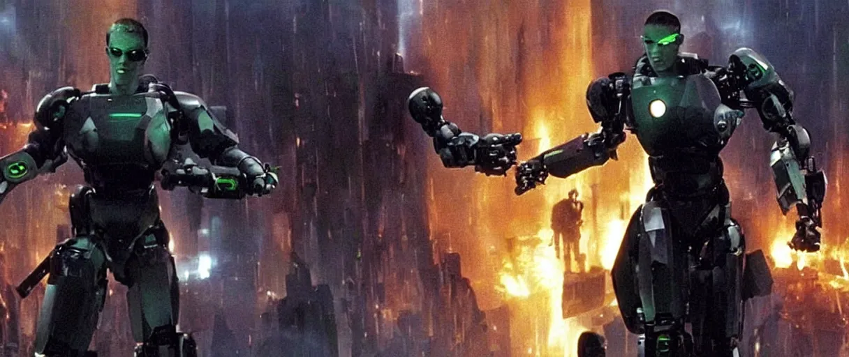 Prompt: sentinel robots from the matrix movie attacking Zion