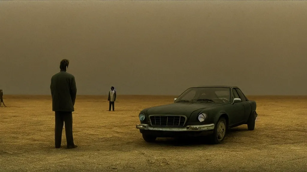 Image similar to the strange creature sells a used car, film still from the movie directed by denis villeneuve and david cronenberg with art direction by salvador dali and zdzisław beksinski, wide lens