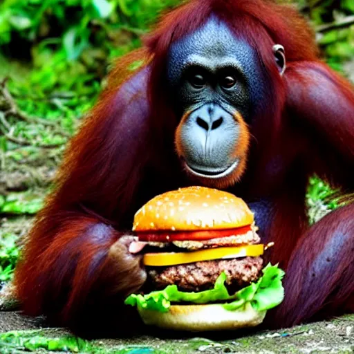 Prompt: an orangutan wiht chease burger