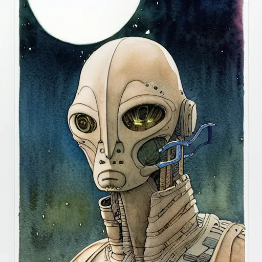 Image similar to a simple and atmospheric watercolour portrait of a pulp sci - fi alien commander, very muted colors, by rebecca guay, michael kaluta, charles vess and jean moebius giraud