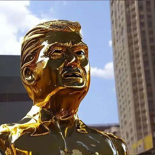 Image similar to donald trump golden statue starting to melt, drips of molten metal ground angle, uhd 8 k, sharp focus