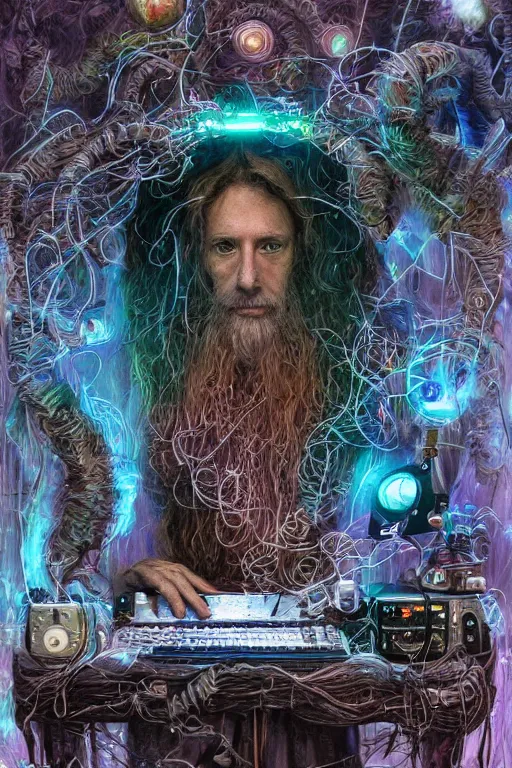 Prompt: portrait of a druid playing an electronic!!-musical-instruments, intricate, stunning, highly detailed, digital painting, artstation, concept art, smooth, sharp, focus, illustration, michael whelan, inside an a space station recording studio filled with strange surrealist detailed alien electronic and acoustic musical-instruments!! with blinking LEDs and oscilloscopes on screens in detailed alien interiors, backlit fog, designed by Larry Elmore Kerlaft and Pixar, photorealistic, 3d render, award winning render, unreal engine, octane render, studio lighting, 8k, hd