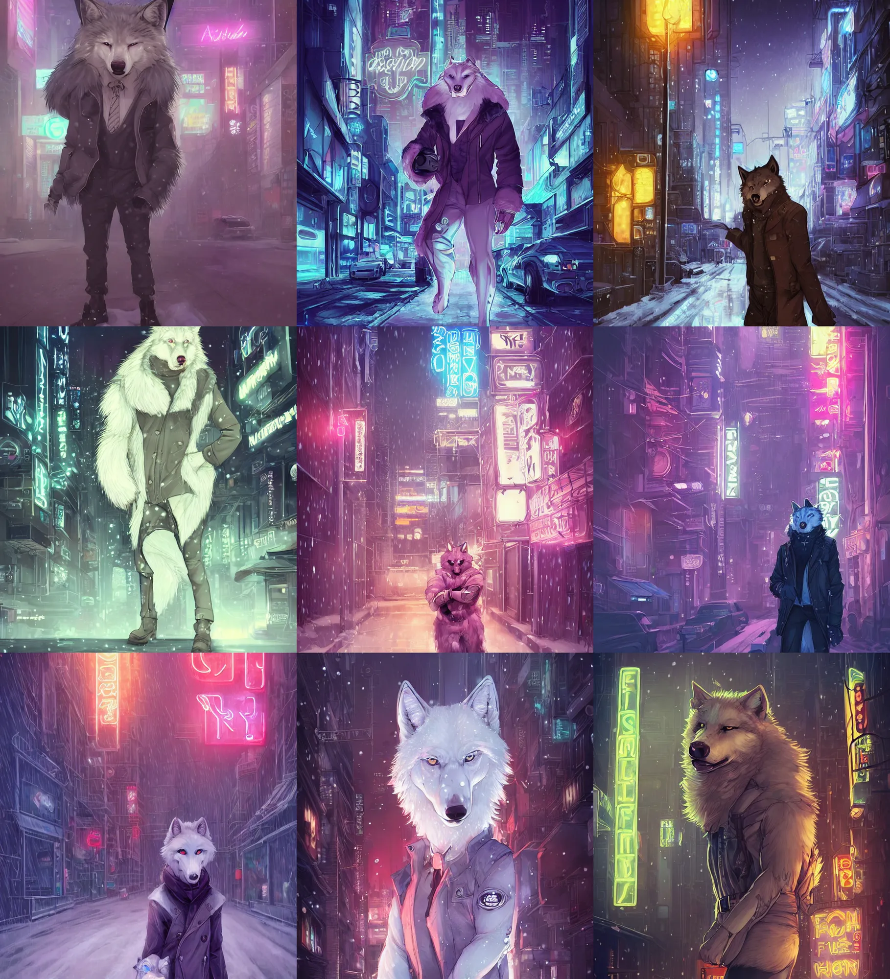 Prompt: beautiful furry art portrait commission of a male furry albino wolf fursona wearing a detective outfit in the streets of a cyberpunk city at night in the snow. neon signs. character design by charlie bowater, ross tran, artgerm, and makoto shinkai, detailed, inked, western comic book art