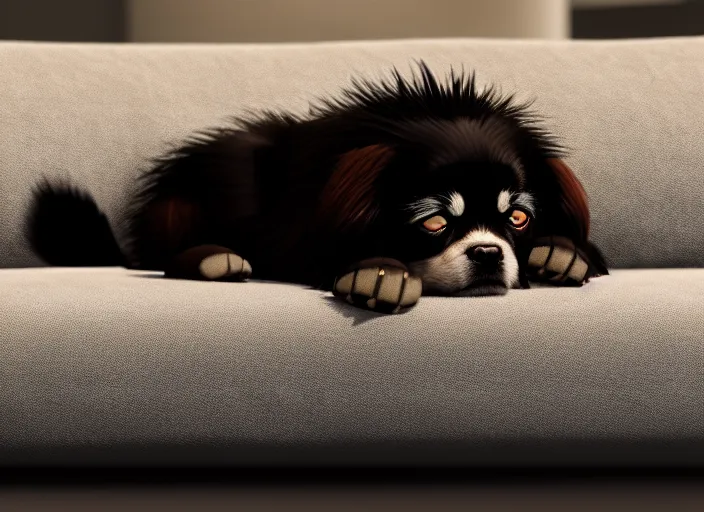 Prompt: a wholesome animation key shot of a black tibetan spaniel, sleeping on a leather couch, studio ghibli, pixar and disney animation, sharp, rendered in unreal engine 5, anime key art by greg rutkowski, bloom, dramatic lighting