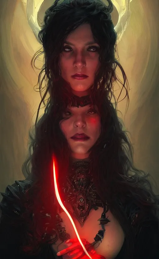 Image similar to Portrait of a dark witch, dark filaments, red glowing eyes, menacing, intimidating, intricate, headshot, highly detailed, digital painting, artstation, concept art, sharp focus, cinematic lighting, illustration, art by artgerm and greg rutkowski, alphonse mucha, cgsociety