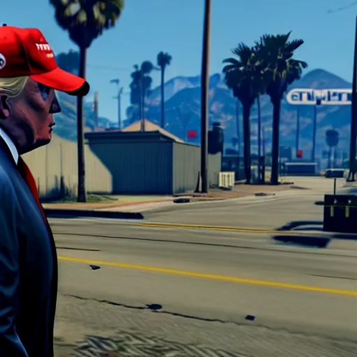 Prompt: donald trump in gta v gameplay, ps 5 screenshot, third person gameplay, five stars, 3 d render, cryengine, highly detailed