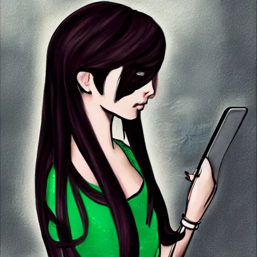 Image similar to 2000's scene emo beautiful girl drawing on tablet