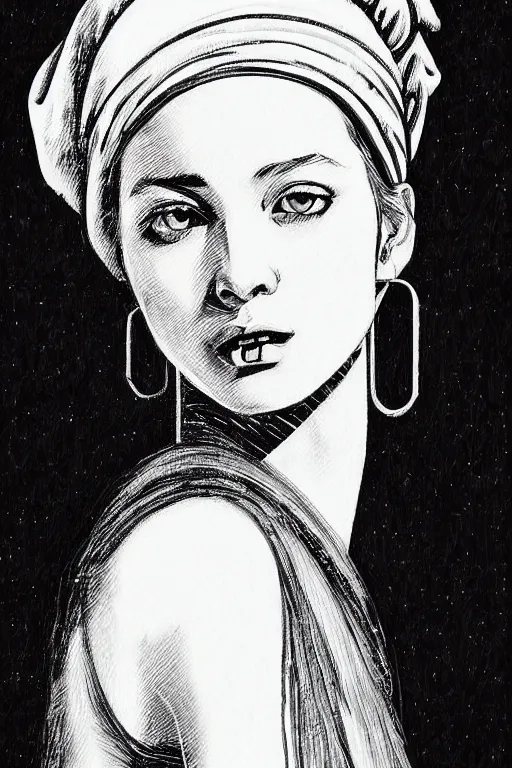 Image similar to beautiful portrait of a woman, negative no not the girl with a pearl earring, highly detailed ink illustration of a narrow neon lit tokyo alley, b & w clean shaped illustration by kim jung gi, ric estrada, ron english and eiichiro oda