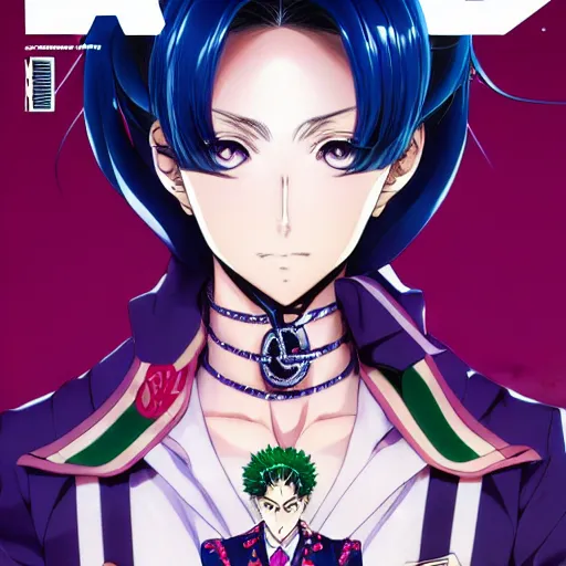 Image similar to Magazine Cover Anime key visual of a Gucci girl; official media; typography; drawn by Hirohiko Araki; Jojo's Bizarre Adventure; Jojolion, portrait, made by Stanley Artgerm Lau, WLOP, Rossdraws, James Jean, Andrei Riabovitchev, Marc Simonetti, Yoshitaka Amano, ArtStation