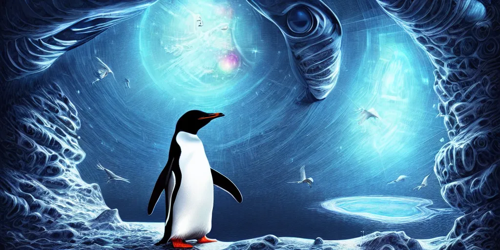 Image similar to an insanely beautiful and hyper detailed digital painting of a penguin staring out into a magical multiverse by ciryl rolando