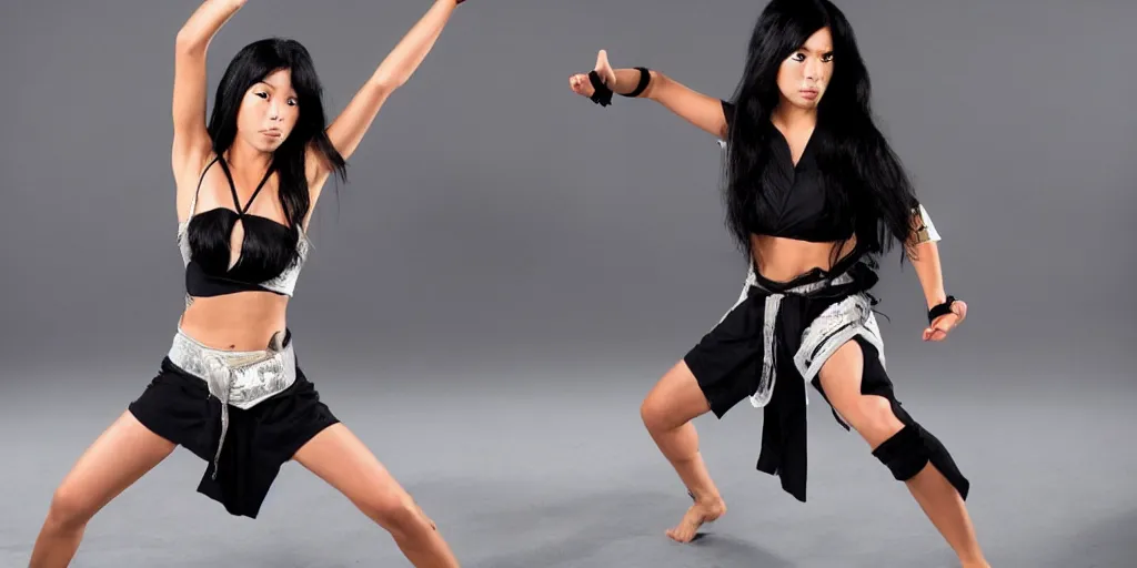 Prompt: bruna lee as hard fighting kung fu woman with gorgeous long black hair