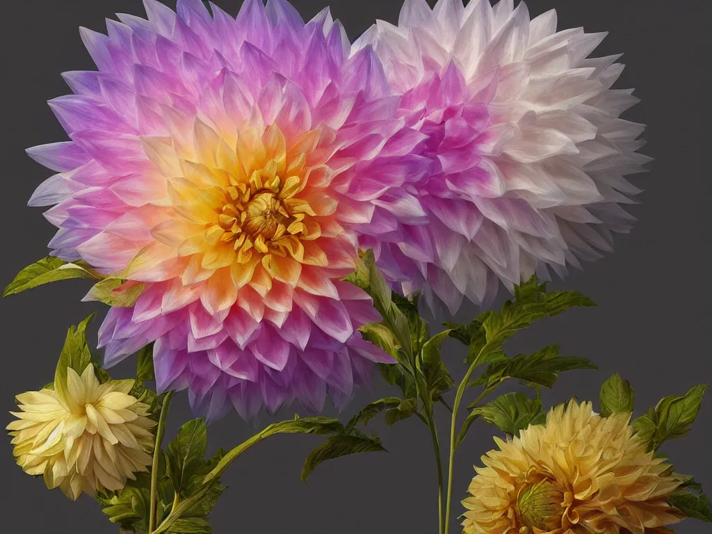 Image similar to 3d render of an opalescent dahlia, Sunlight Study, by Jan Davidsz de Heem and (((((Lisa Frank))))), Art Nouveau, 8k, extreme detail, sharp focus, octane render