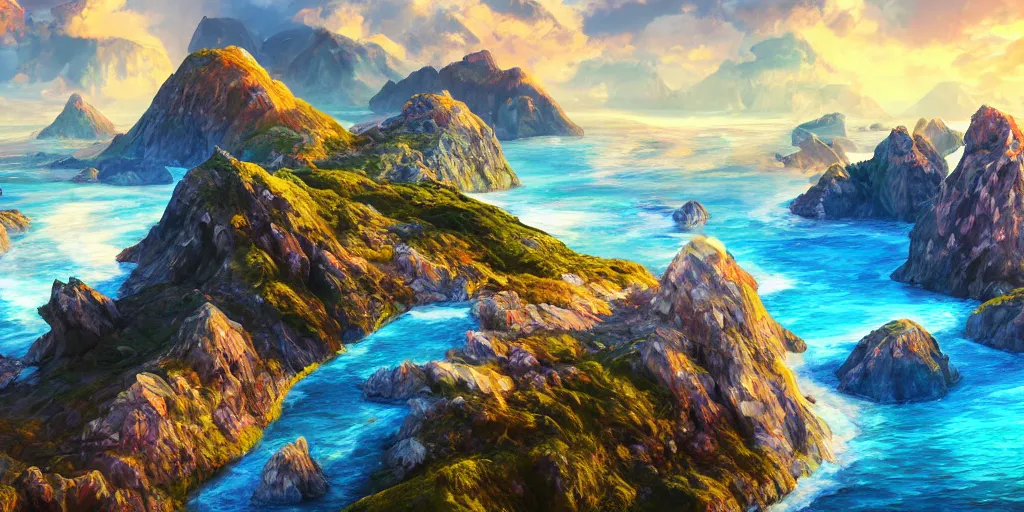 Prompt: salt covered islands surrounded by colourful rugged crystal quartz mountains, illustration, bright sunlight, sun glints, sunrays, digital art, hyperrealistic, oil painting, fantasy, 8 k, trending on artstation, detailed