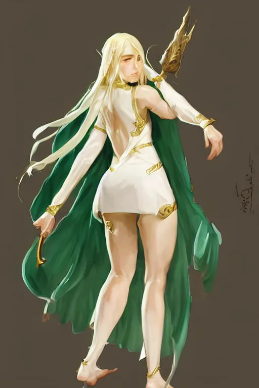 Prompt: Pretty Female cleric, white robes, golden accents, black shorts, green eyes, extremely detailed face!, young, 2 arms and 2 legs!, shaped derriere, high fantasy, by Albert Aublet, Krenz Cushart, WLOP, Sakimichan