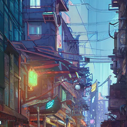 Prompt: Tlingit Maori cyberpunk city street scene by Greg Rutkowski, Alphonse Mucha, Anato Finnstark, and Studio Ghibli