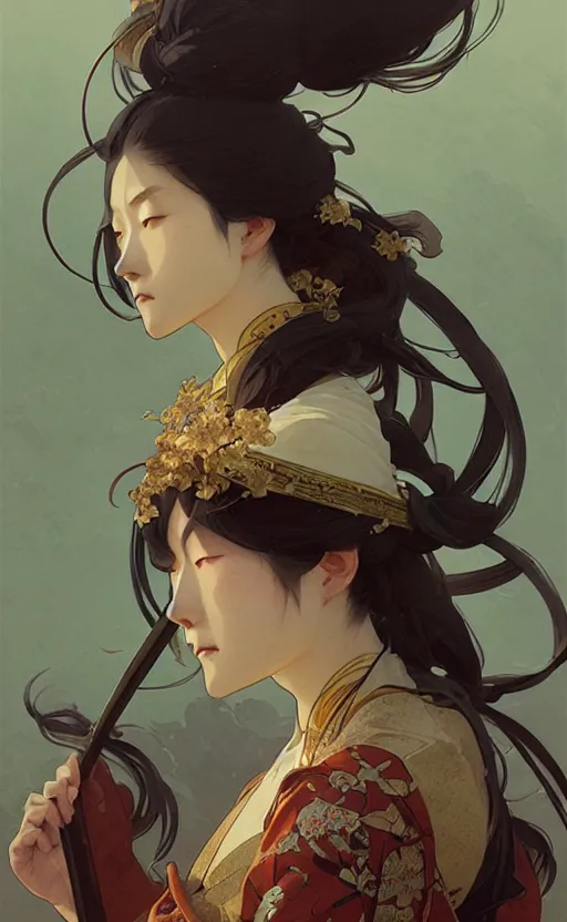 Image similar to personification of japan, highly detailed, digital painting, artstation, concept art, sharp focus, illustration, art by greg rutkowski and alphonse mucha