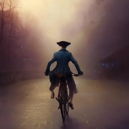 Prompt: cinematic shot epic portrait david bowie riding a bicycle in the streets, atmospheric, cloudy, broad light, ambient occlusion, volumetric light effect, made by ivan aivazovsky, peter mohrbacher, greg rutkowski, ross tran, matte painting, trending on artstation, 4 k, perfectly defined features, digital painting, cinematic, epic, highly detailed,