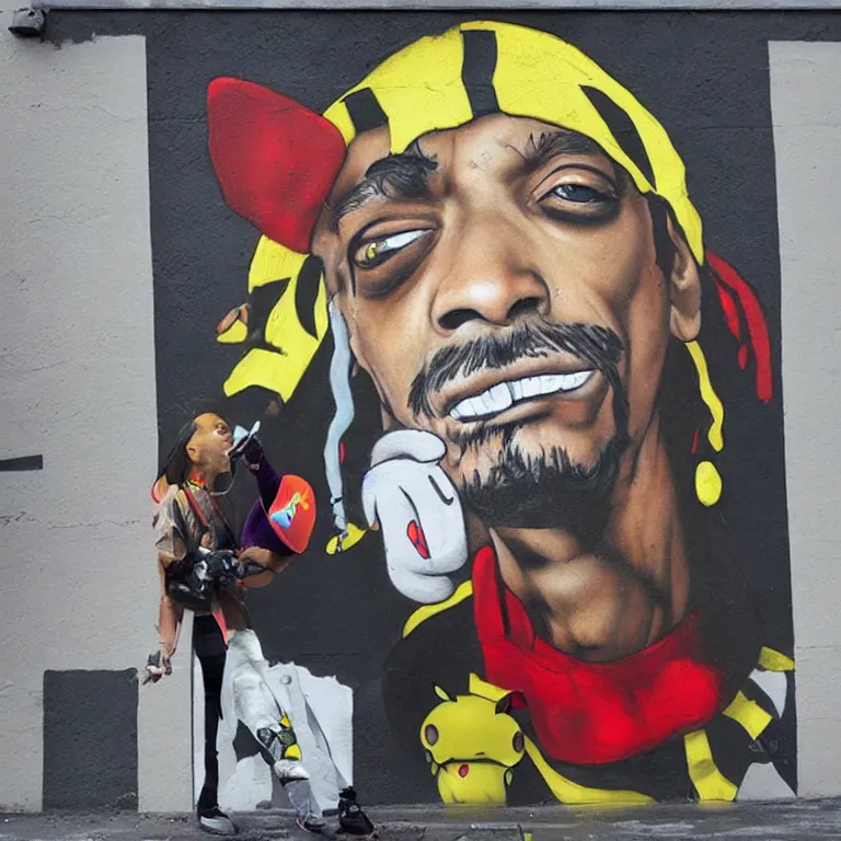 Image similar to Street-art portrait of Snoop Dog as a Pokemon Trainer in style of Banksy, photorealism