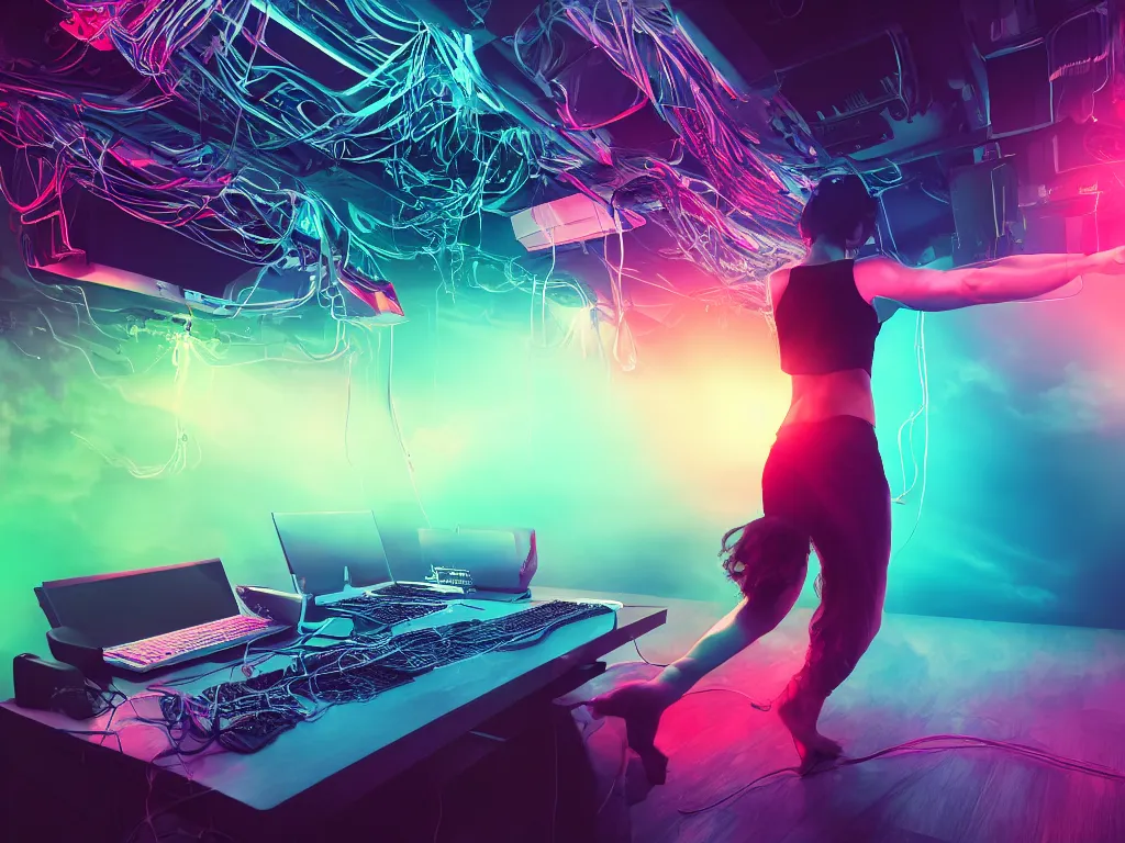 Prompt: a dancer in a rgb backlit environment, heavenly, cables, pc cooling equipment, clouds, mist, realistic