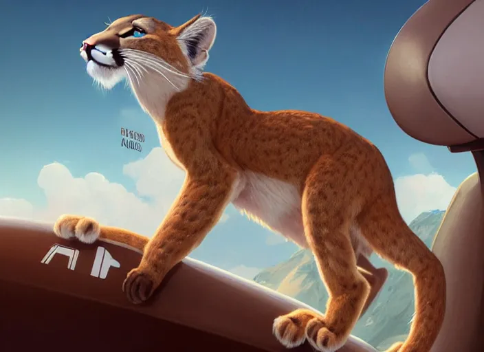 Image similar to character portrait feature of the anthro female anthropomorphic puma bobcat mountain lion fursona wearing airline pilot outfit uniform professional pilot for delta airlines character design stylized by charlie bowater, ross tran, artgerm, and makoto shinkai, detailed, soft lighting, rendered in octane, peru in background