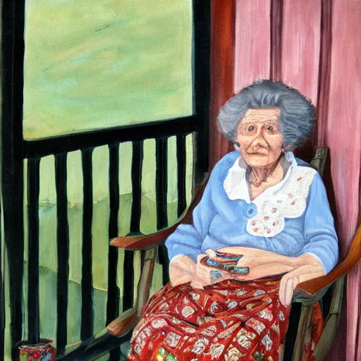 Prompt: painting of an elderly woman sitting in a rocking chair on a porch, appalachian folk art
