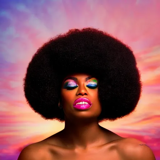 Image similar to pop art of an African American woman with an afro, with exquisite hollywood style makeup on, her eyes closed as the sun is rising behind her, studio photography, f/1.8 cinematic lens