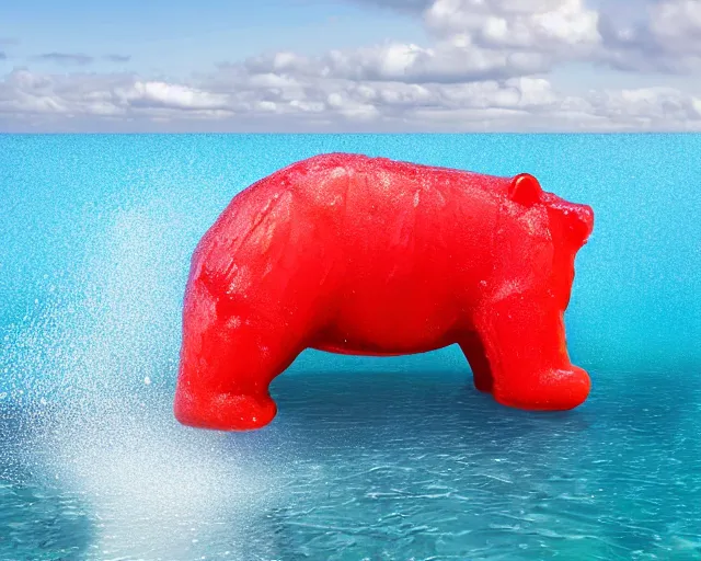 Prompt: a giant sculpture of a giant gummy bear on the ocean water, award winning, hyper - realistic, very detailed, realistic water, water splashes, ray tracing, 8 k resolution, long - shot, sharp focus, low angle, 8 5 mm photograph, wide lens