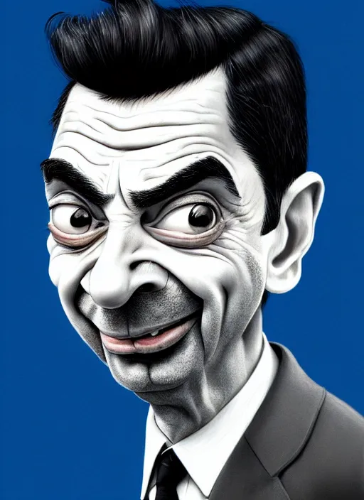 Image similar to highly detailed pencil sketch caricature portrait of silly mr bean gangster by ross tran, by greg rutkowski, brush strokes, 4 k resolution, light blue pastel background