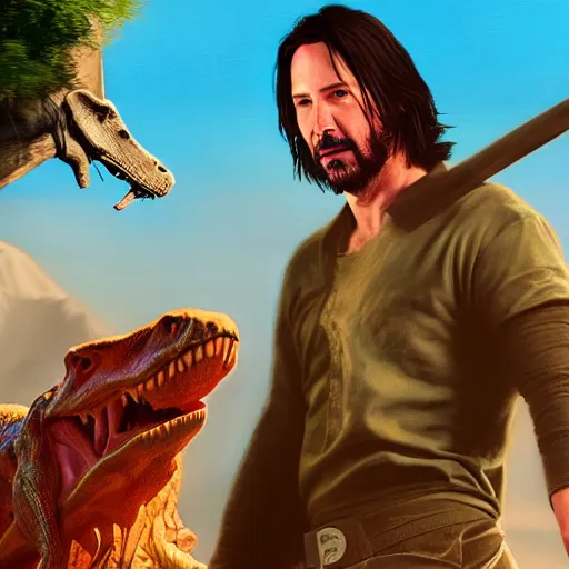 Prompt: a hyper real comic book style portait painting of keanu reeves in the stone age with dinosaurs, unreal 5, hyperrealistic, octane render, cosplay, rpg portrait, dynamic lighting