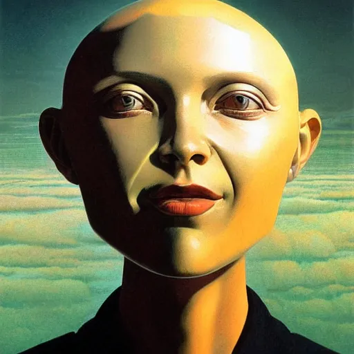 Image similar to a closeup of a businesswoman with a computer motherboard head, Beksinski, Dariusz Zawadzki