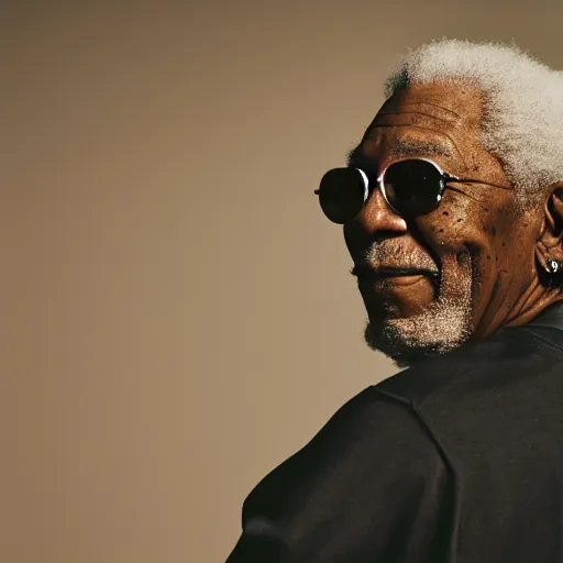 Image similar to a studio photograph of Morgan Freeman dressed as Travis Scott, 40mm lens, shallow depth of field, split lighting
