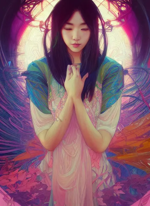 Image similar to beautiful young Asian woman, gorgeous face, sad eyes, tears, cyberpunk vaporwave aesthetic, synthwave, colorful, intricate, elegant, highly detailed, digital painting, artstation, concept art, smooth, sharp focus, illustration, art by artgerm and greg rutkowski and alphonse mucha