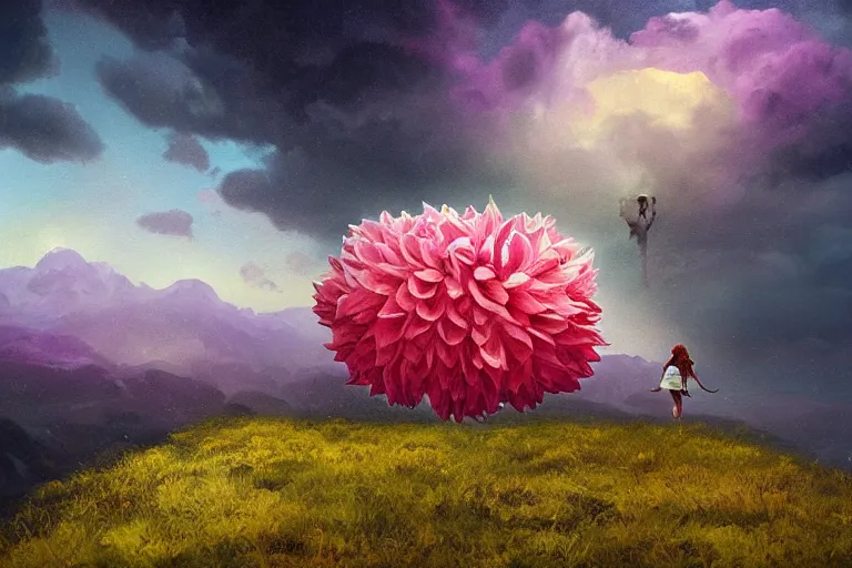 Image similar to giant dahlia flower as a head, girl walking on mountain, surreal photography, stars, dramatic light, impressionist painting, storm clouds, digital painting, artstation, simon stalenhag