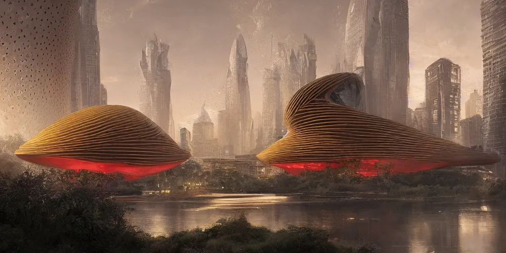 Image similar to An epic architectural rendering of a blob shaped trypophobia house with a mysterious red glow emitting from inside in a modern cityscape next to a river, by Zaha Hadid and Martin Johnson Heade and Greg Rutkowski, stunning, gorgeous, golden ratio, photorealistic, featured on artstation, 4k resolution