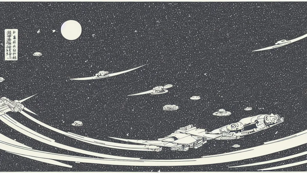 Image similar to A wide shot, galactic spaceship battle, flat design, screen print by Kawase Hasui and dan hillier