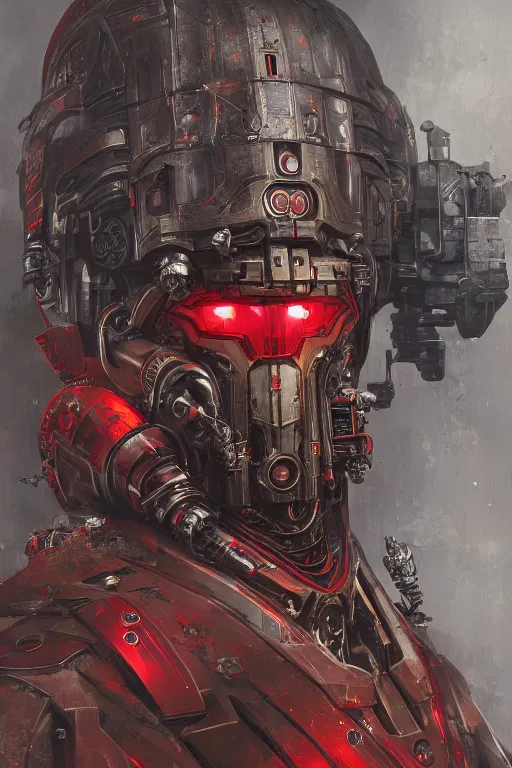 Image similar to portrait of adeptus mechanicus in red hood, cyborg, prist, cyberpunk, Warhammer 40000, highly detailed, artstation, illustration, art by Gustav Klimt