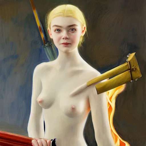 Image similar to Painting of Elle Fanning in knight armor with a flaming sword, long blonde hair, delicate, pale milky white porcelain skin, by Edward Hopper. 8K. Extremely detailed.