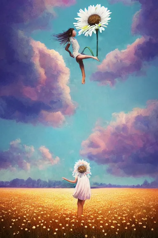 Image similar to giant white daisy flower as head, girl dancing in a flower field, surreal photography, sunrise, dramatic light, impressionist painting, colorful clouds, digital painting, artstation, simon stalenhag