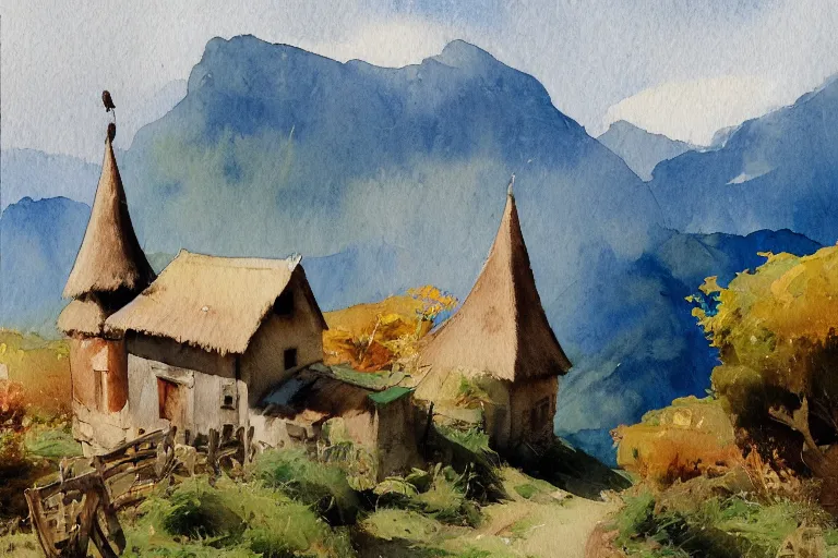 Image similar to small centered on watercolor paper, paint brush strokes, abstract watercolor painting of madeira mountain landscape, traditional straw roof house with tower, translucent leaves, cinematic light, national romanticism by hans dahl, by jesper ejsing, by anders zorn, by greg rutkowski, by greg manchess, by tyler edlin