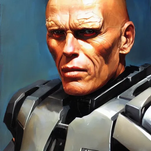 Prompt: greg manchess portrait painting of peter weller combined with the robocop as overwatch character, medium shot, asymmetrical, profile picture, organic painting, sunny day, matte painting, bold shapes, hard edges, street art, trending on artstation, by huang guangjian and gil elvgren and sachin teng