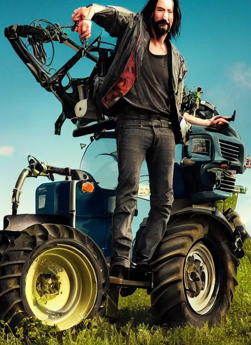 Image similar to solarpunk keanu reeves driving a tractor, cyberpunk 2 0 7 7 wake up samurai, solarpunk, lots of plants, gardening, permaculture, anarchy, realistic, ultra detailed