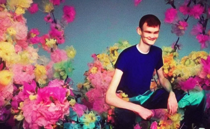 Prompt: a dreamy retro 8 0 s photo of vitalik buterin, bloomy, colorful, awesome