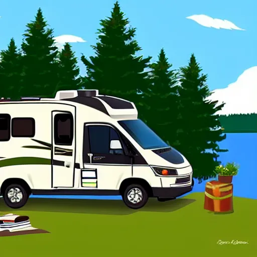 Prompt: beautiful cute cozy very little class c motorhome on the grass by the water, in maine, white background, digital cartoon art, 4 colors!!!