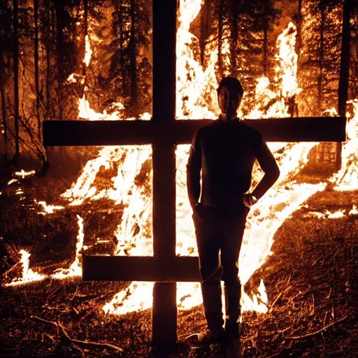 Image similar to robert lewandowski in front of a burning christian cross, night, forest, dark, black