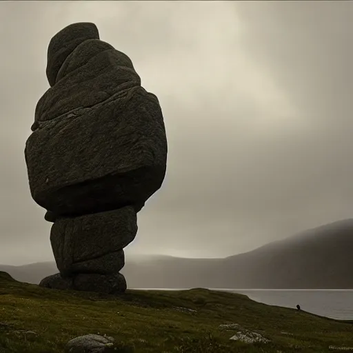 Image similar to giant stone man by grzegorz rutkowski, atmospheric haze, stormy, tundra, hudson river school, princess in foreground, large scale