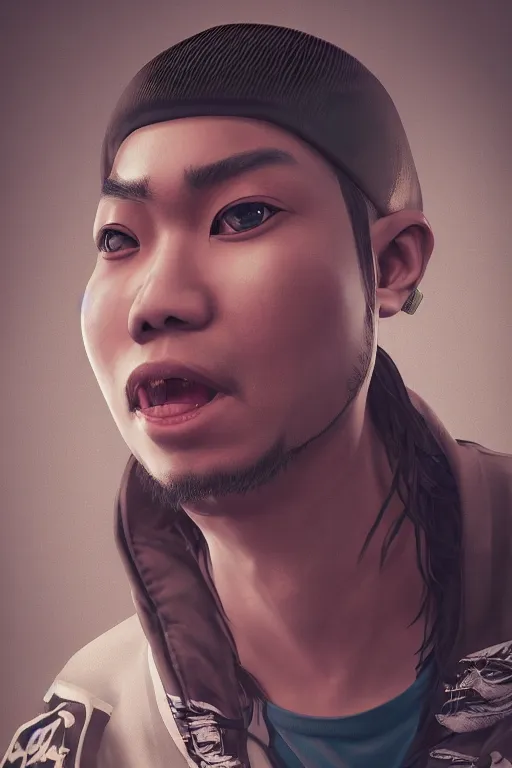 Prompt: rapper from thailand, ultra realistic, concept art, intricate details, highly detailed, photorealistic, octane render, 8 k