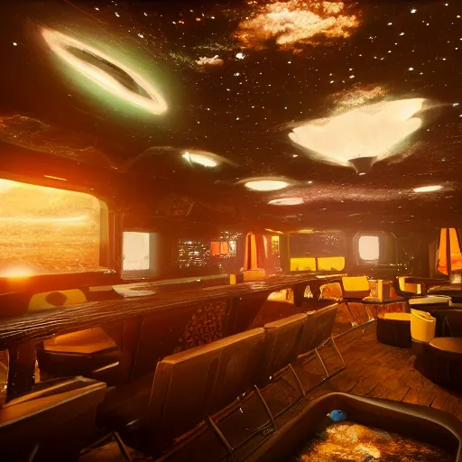 Prompt: interior of a busy dive bar on a surreal alien planet, cinematic, glass ceiling showing nebulae and stars, epic sci-fi, 4K octane render, unreal engine, realism